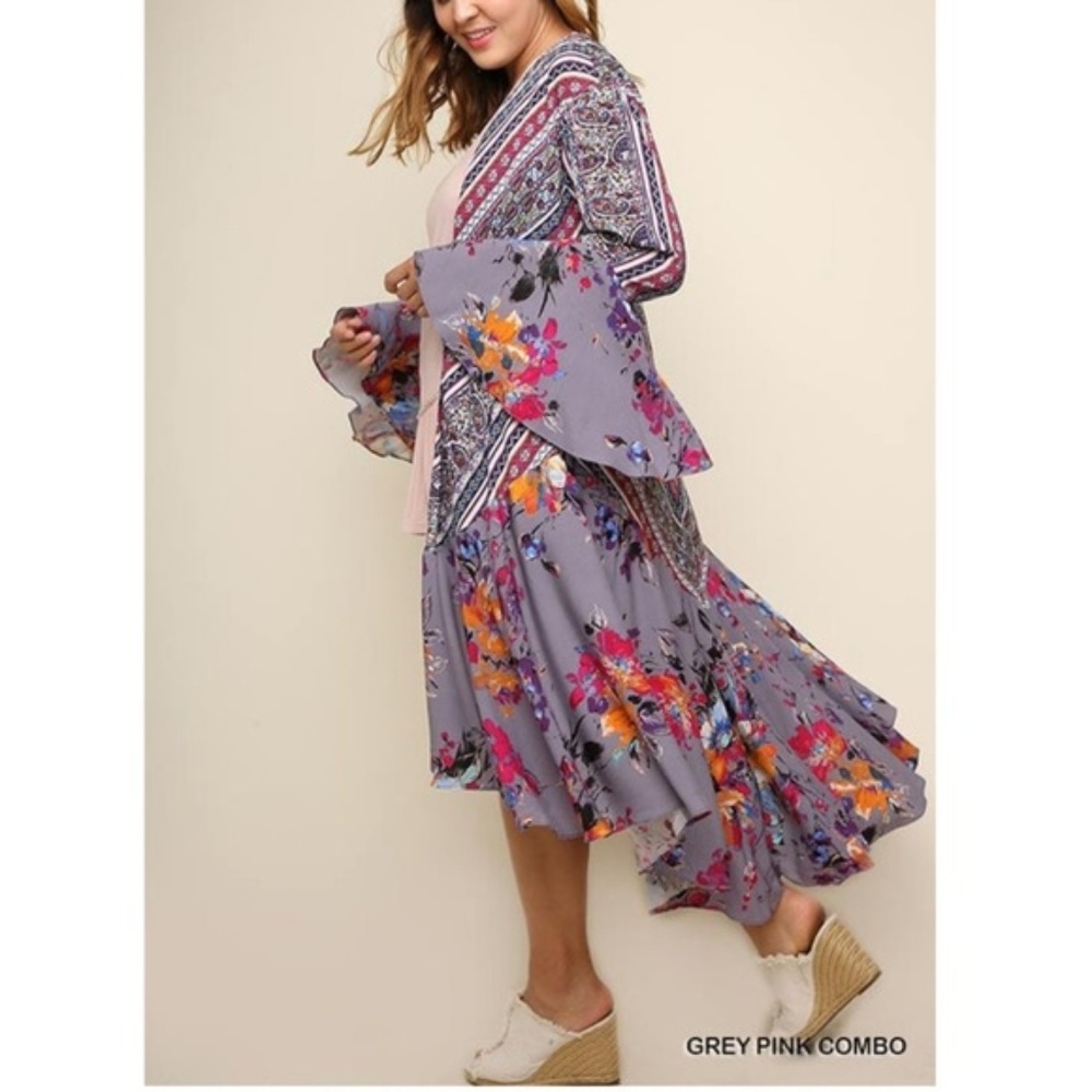 UMGEE Purple Mixed Print Ruffled Bohemian Kimono
